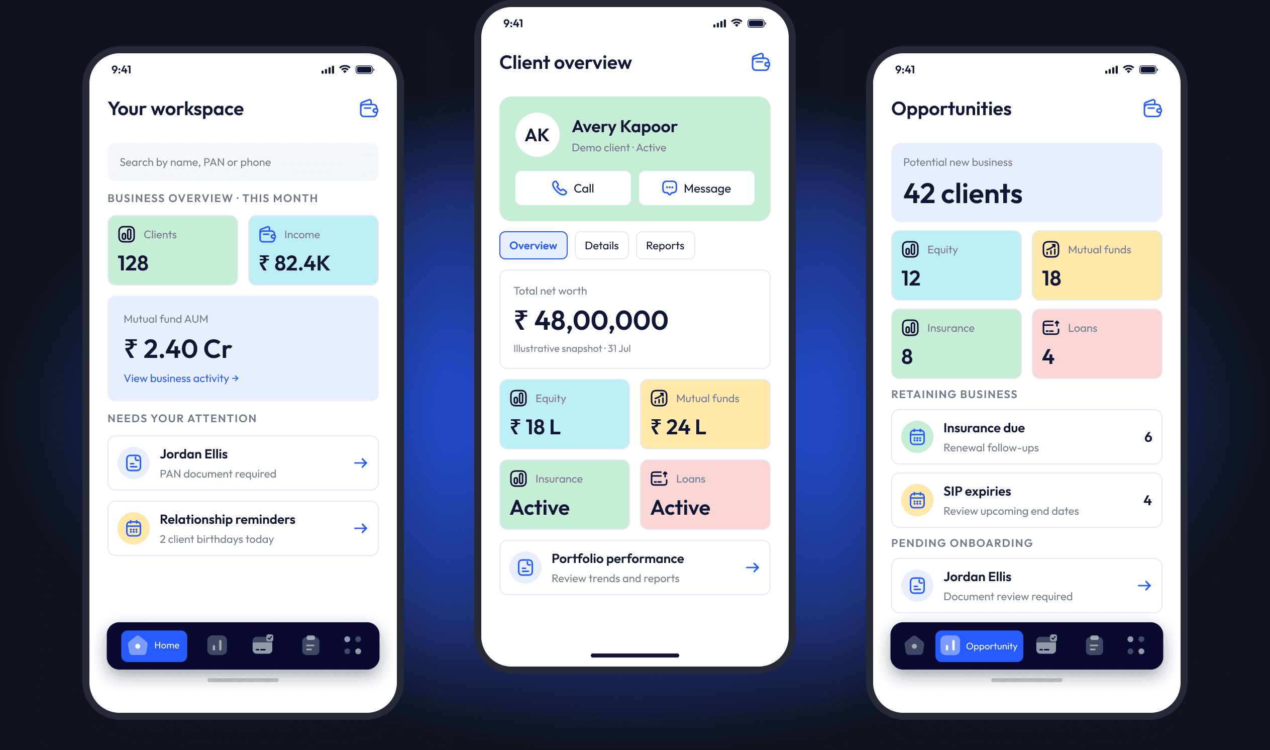 Workspace, client overview and opportunities screens
