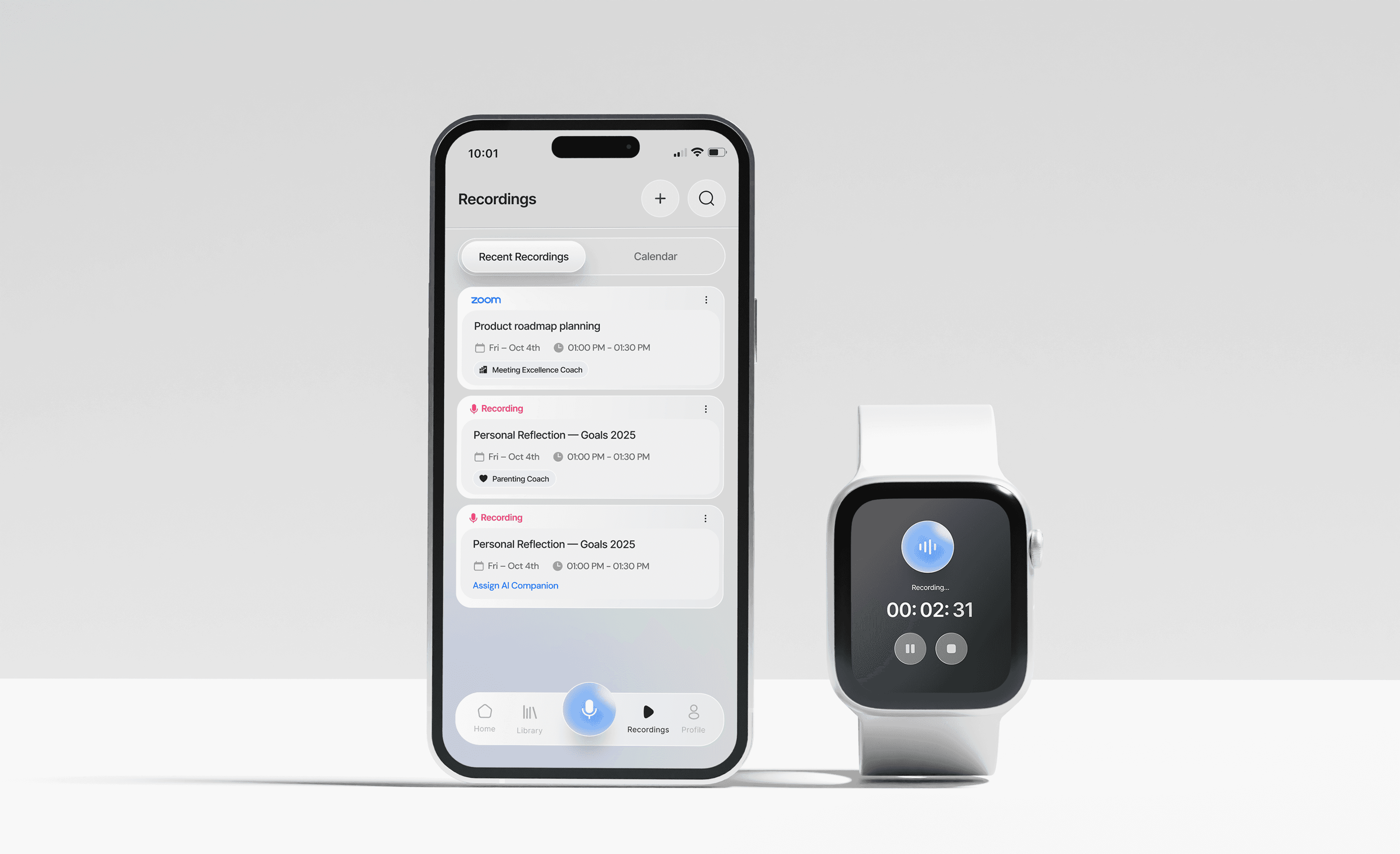 Recordings screen on iPhone beside a recording in progress on Apple Watch