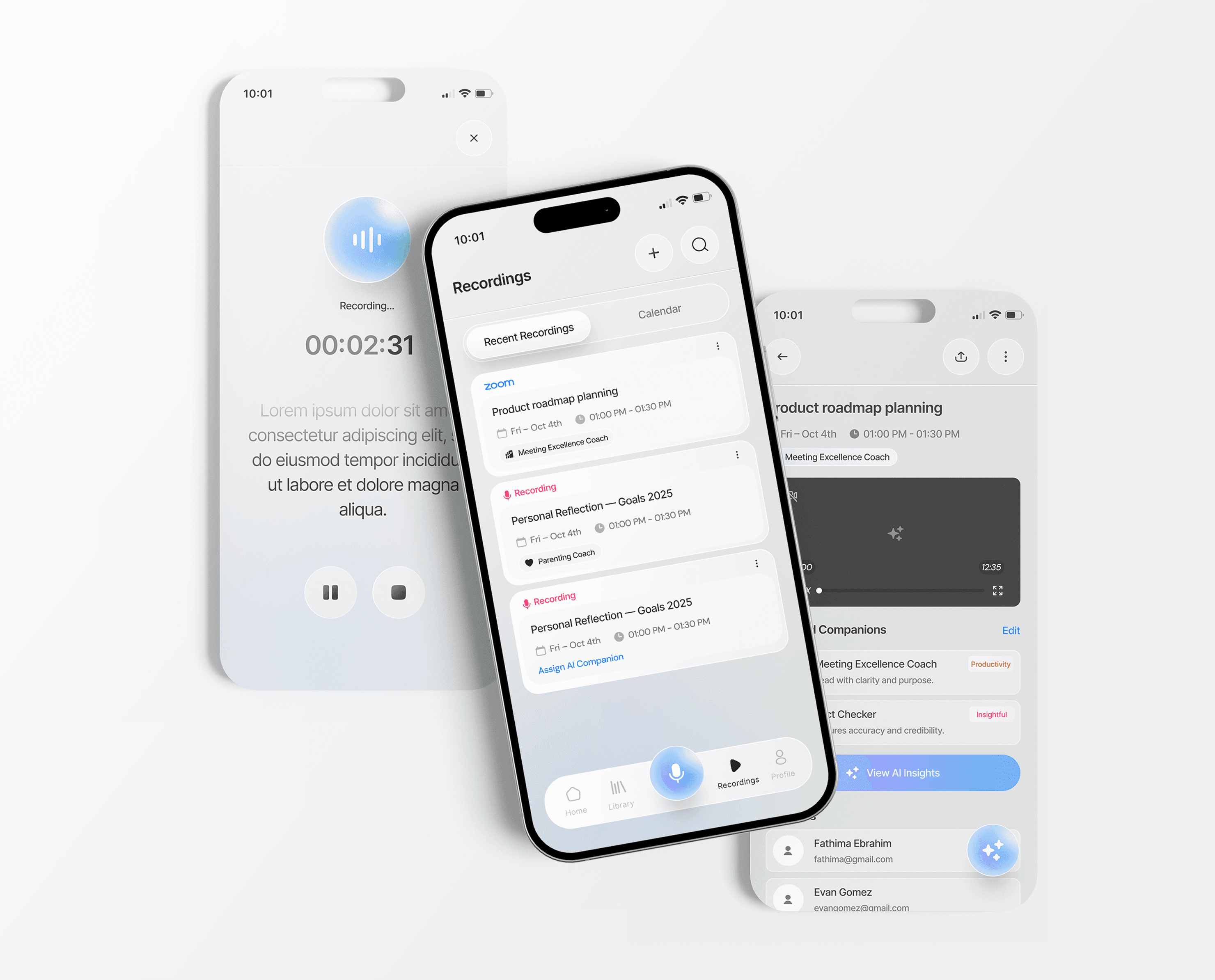 Recording, recordings list and recording detail screens