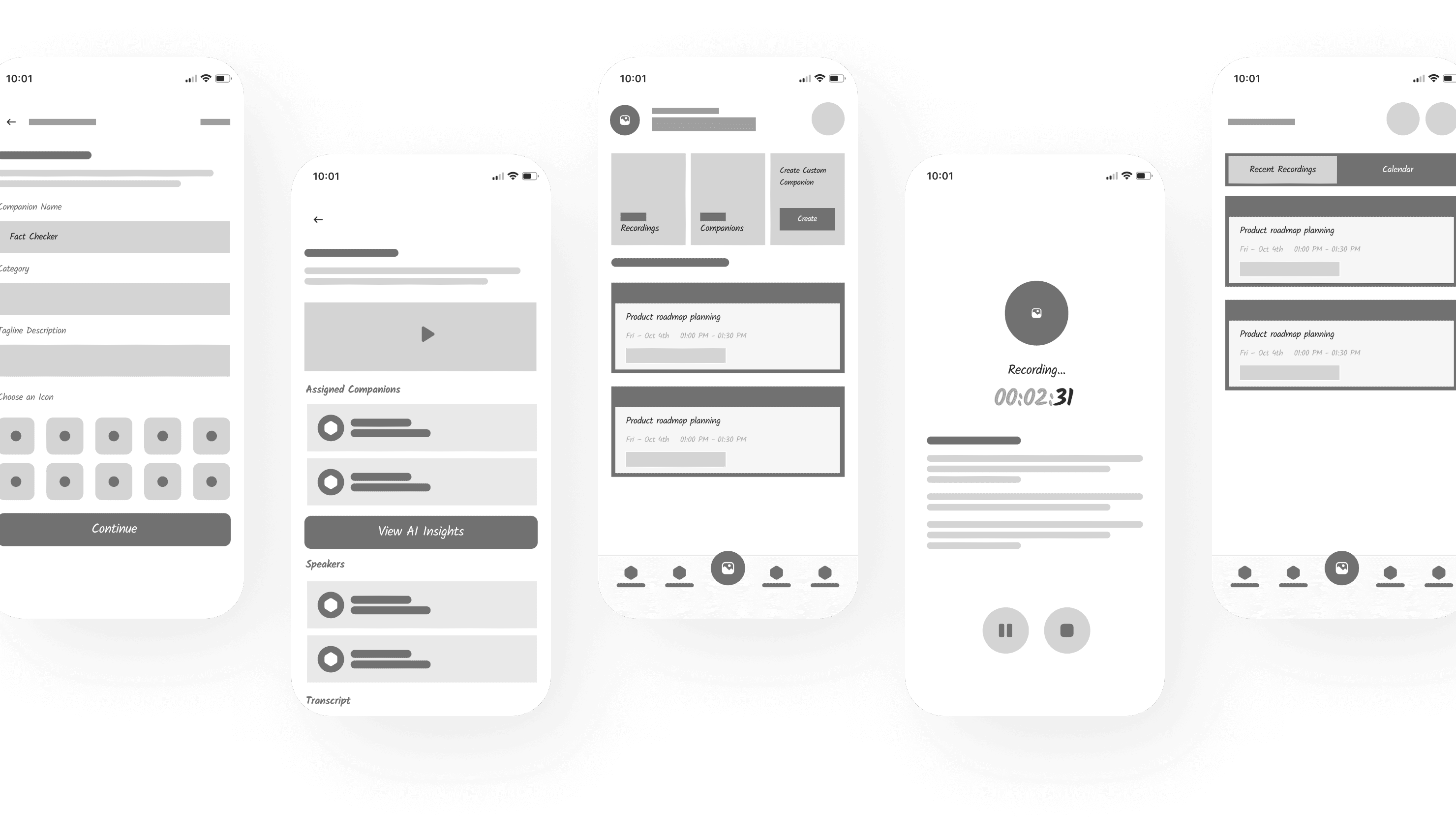 Low-fidelity wireframes of five app screens