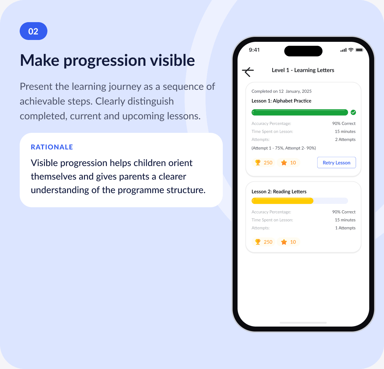 02 Make progression visible — present the learning journey as a sequence of achievable steps. Rationale: visible progression helps children orient themselves and gives parents a clearer understanding of the programme structure.
