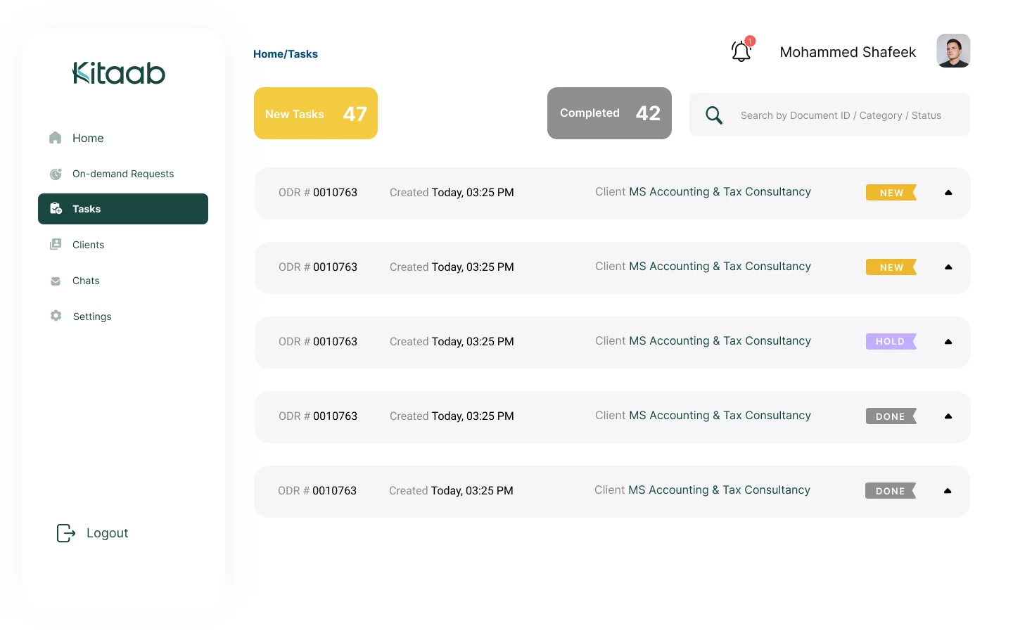 Kitaab Bookkeeper — Tasks screen