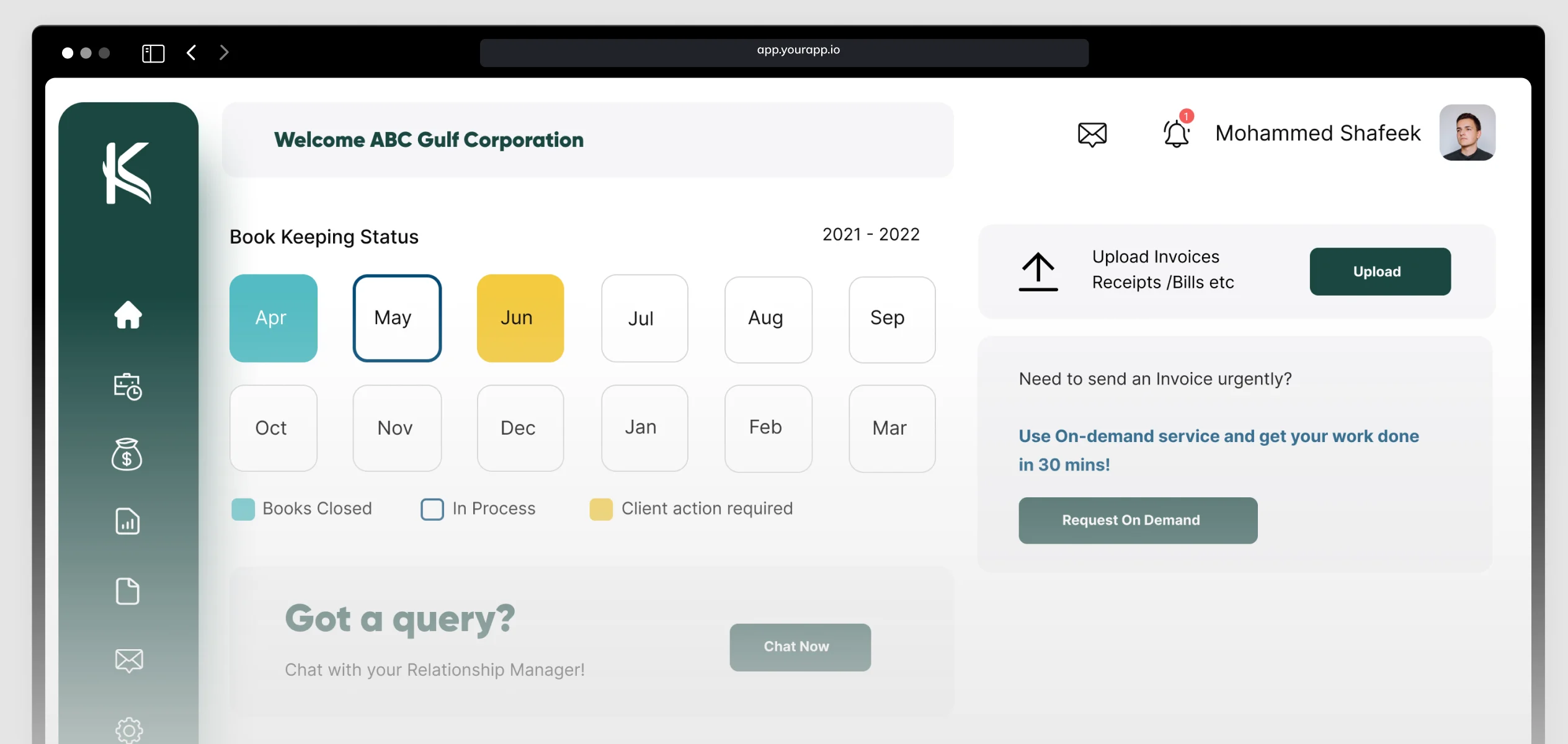 Kitaab home dashboard showing bookkeeping status by month