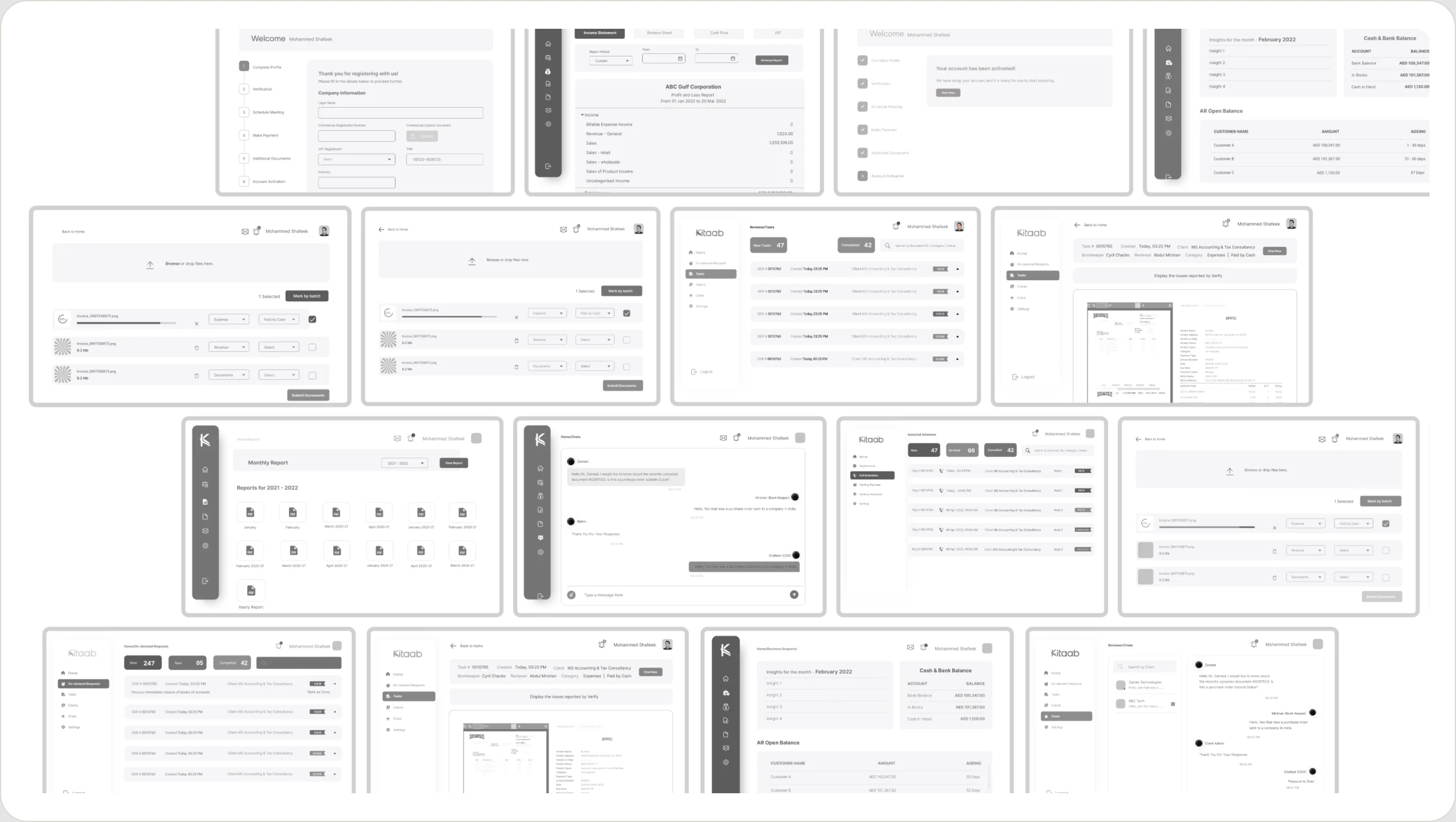 Grid of low-fidelity Kitaab wireframes