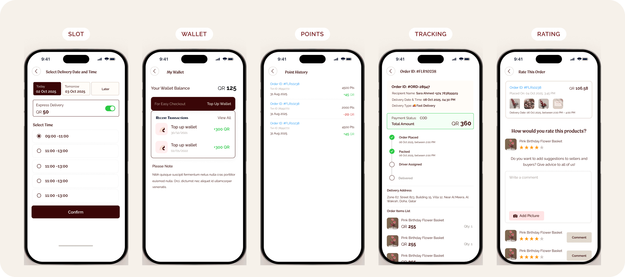 Delivery slot, wallet, points, tracking and rating screens
