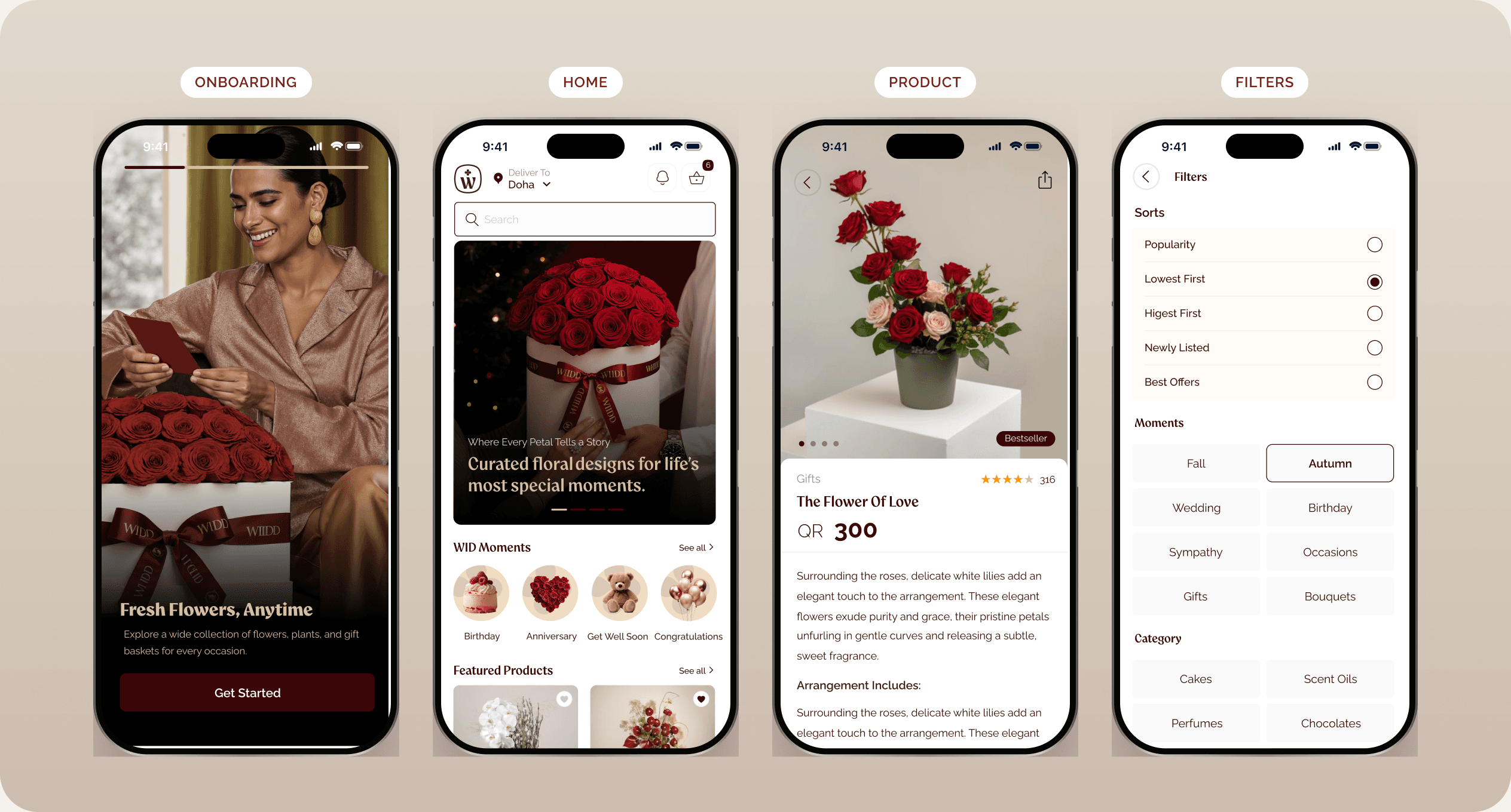 Onboarding, home, product and filter screens