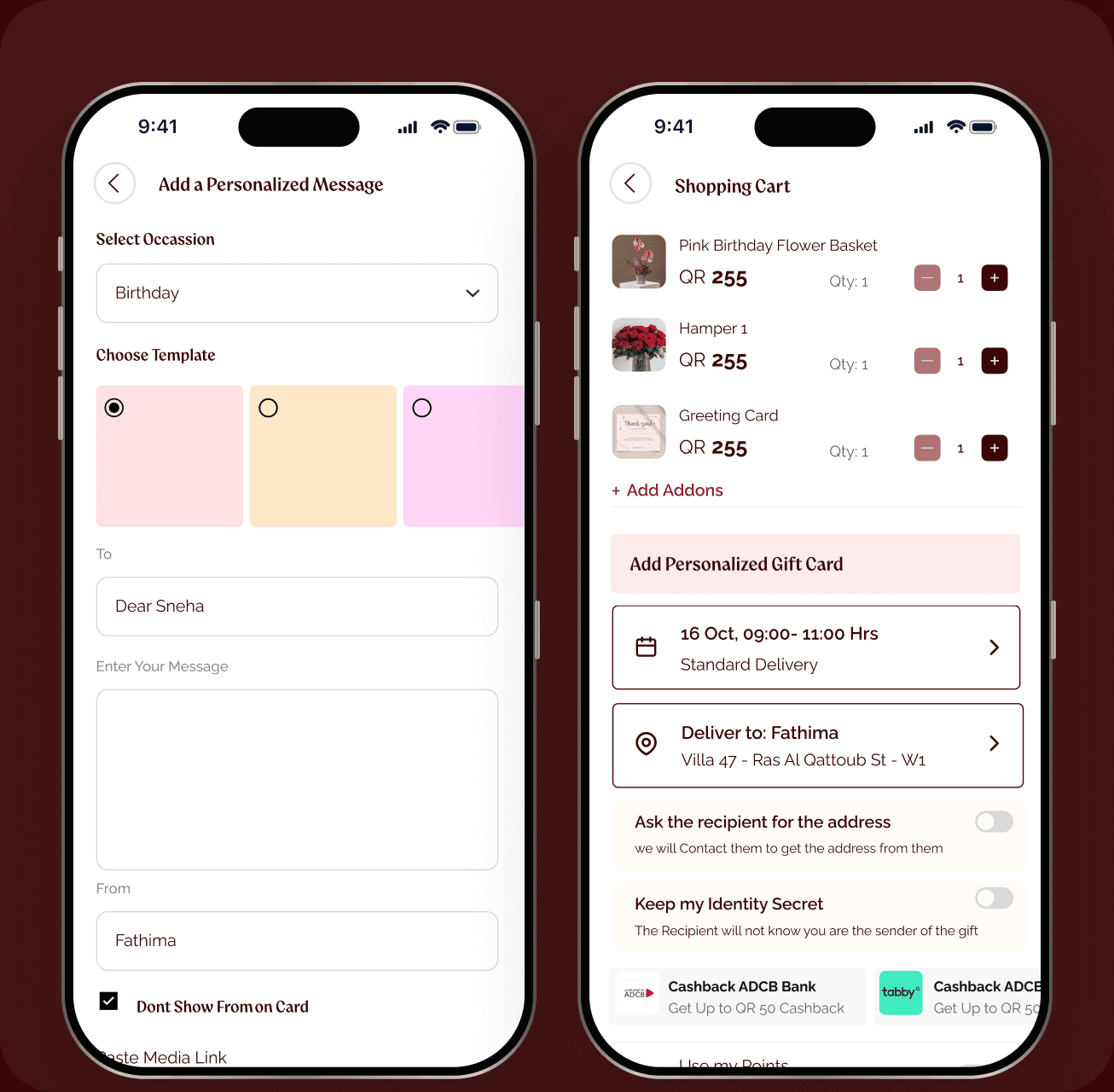 Personalised message and shopping cart screens